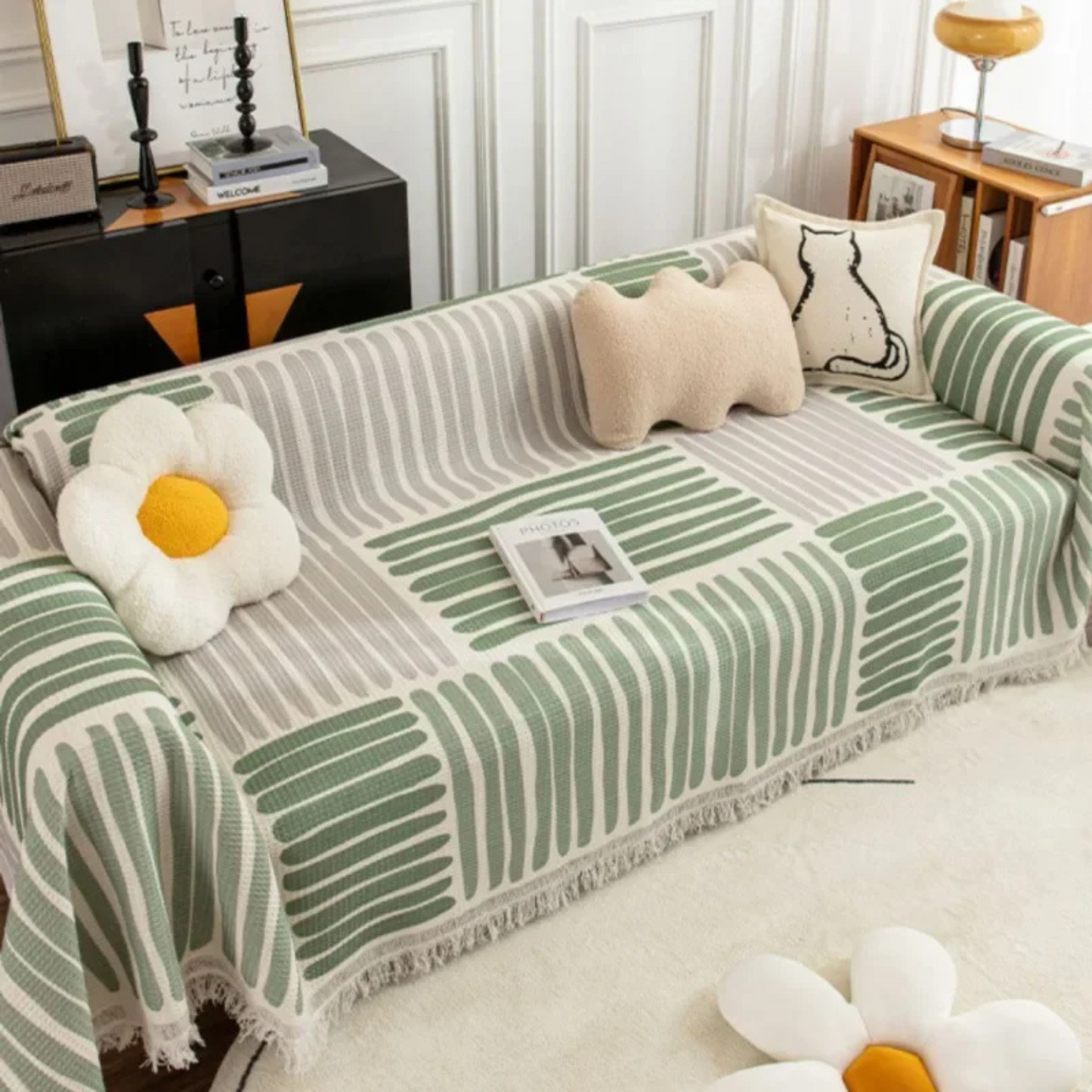 Jeté de canapé scandinave avec bordure à franges