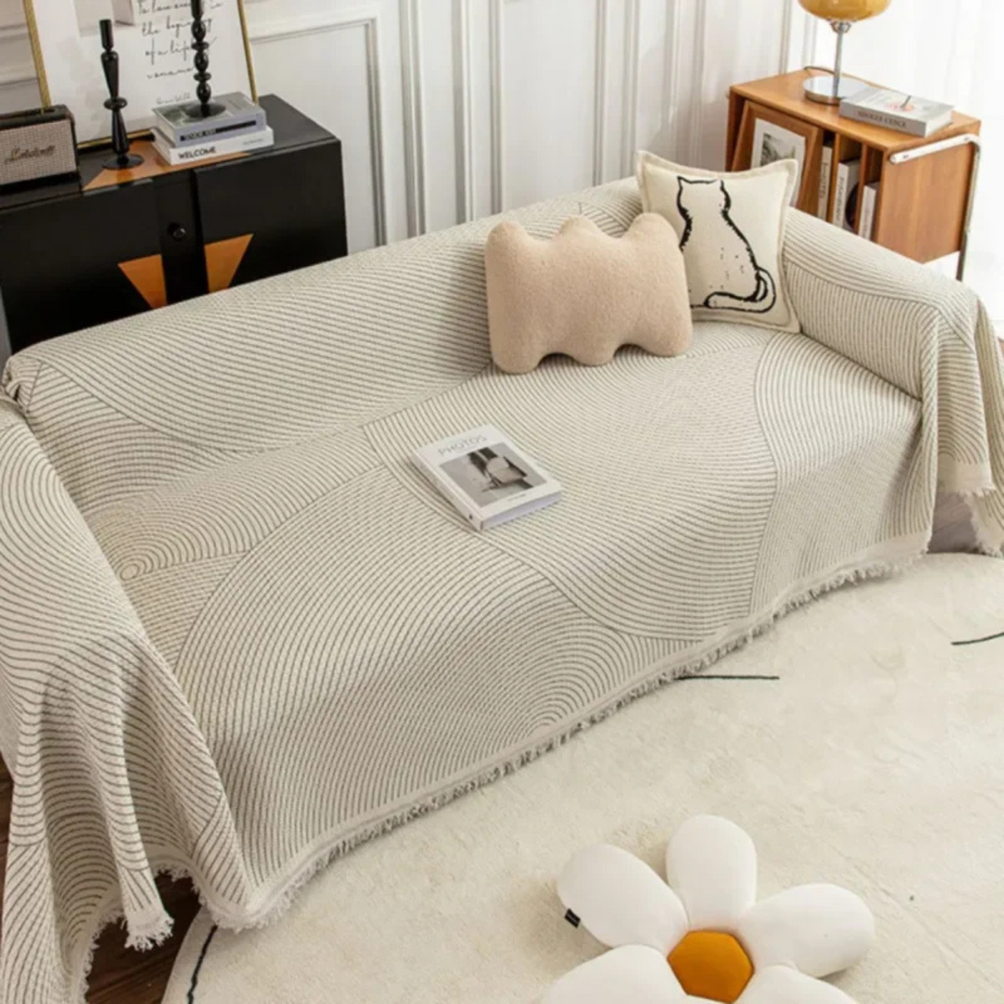 Jeté de canapé scandinave avec bordure à franges