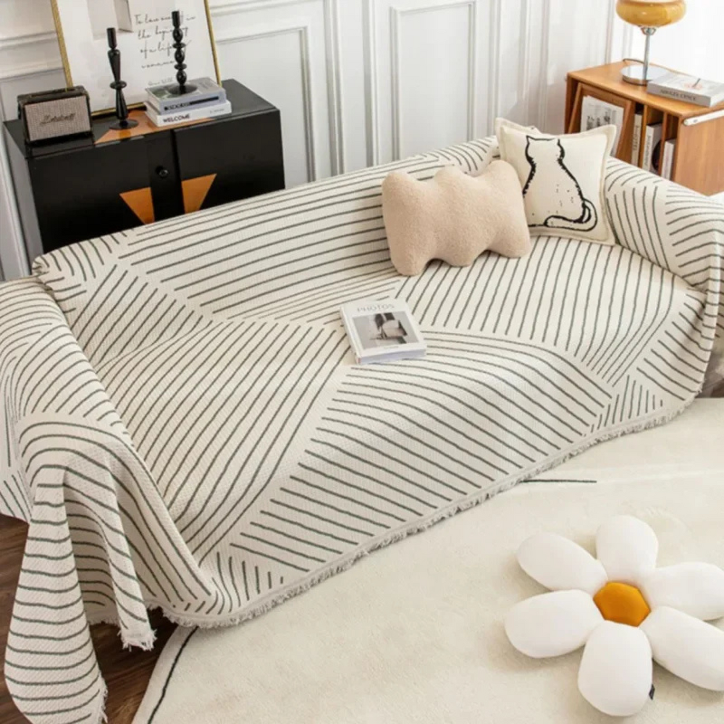 Jeté de canapé scandinave avec bordure à franges