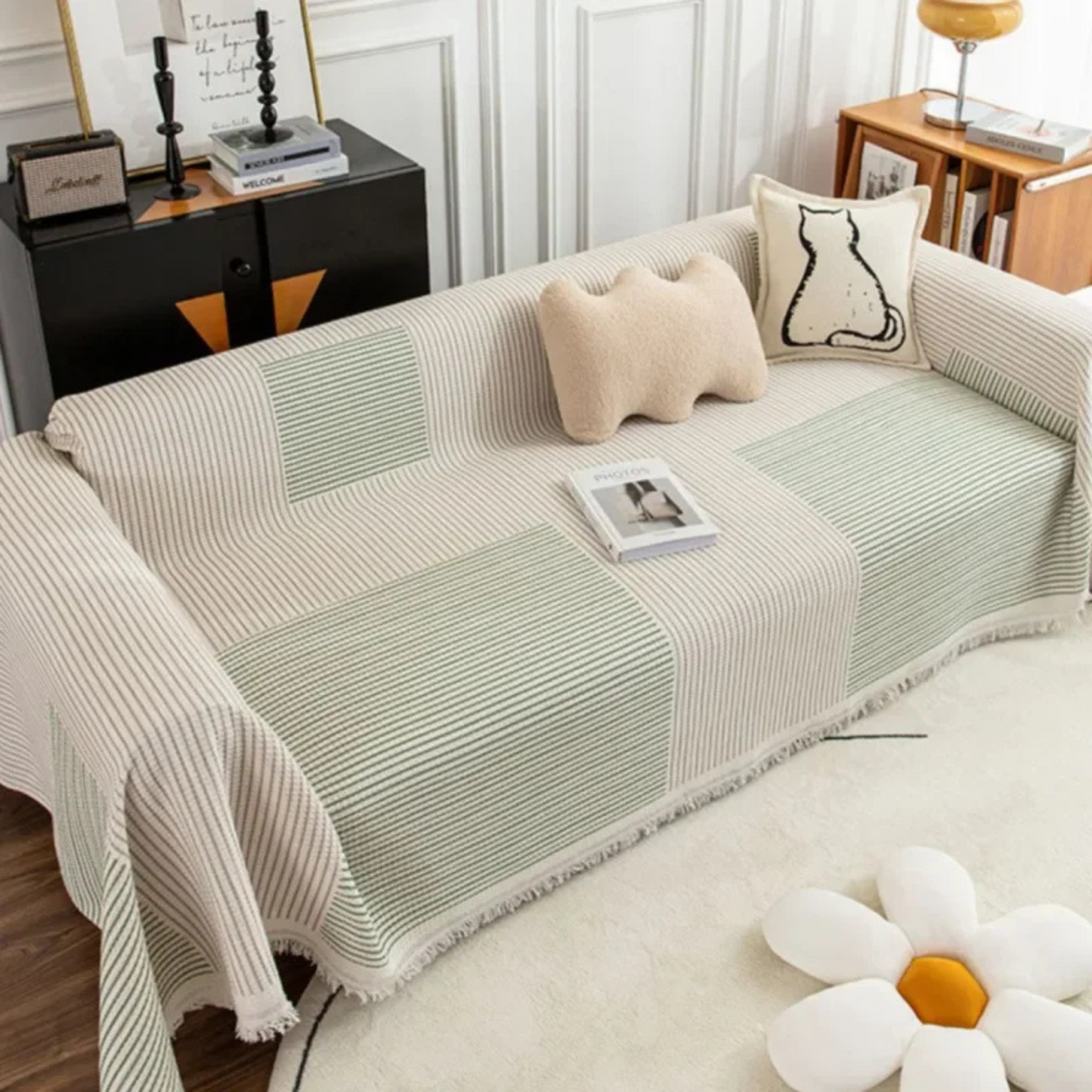 Jeté de canapé scandinave avec bordure à franges