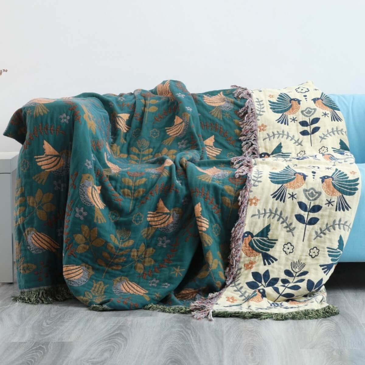 Jeté de canapé scandinave réversible à motif oiseaux – Chaud et polyvalent pour toutes les saisons