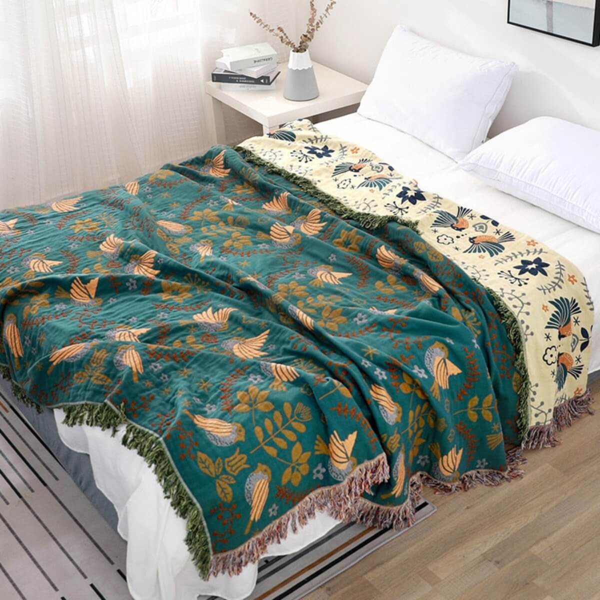 Jeté de canapé scandinave réversible à motif oiseaux – Chaud et polyvalent pour toutes les saisons