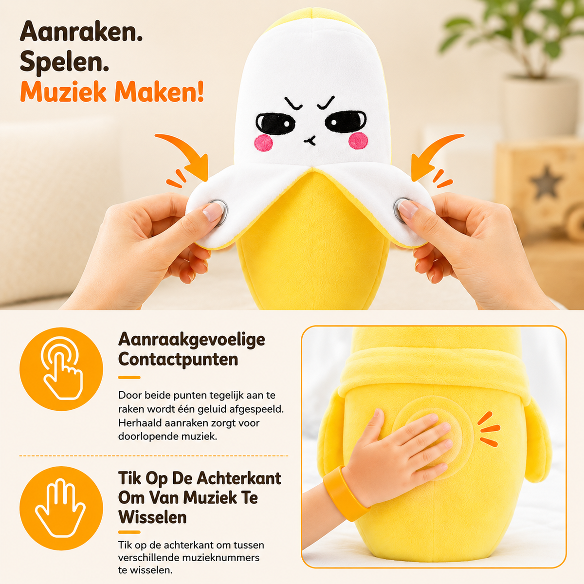Jouet en peluche interactif musical en forme de fruit réactif au toucher