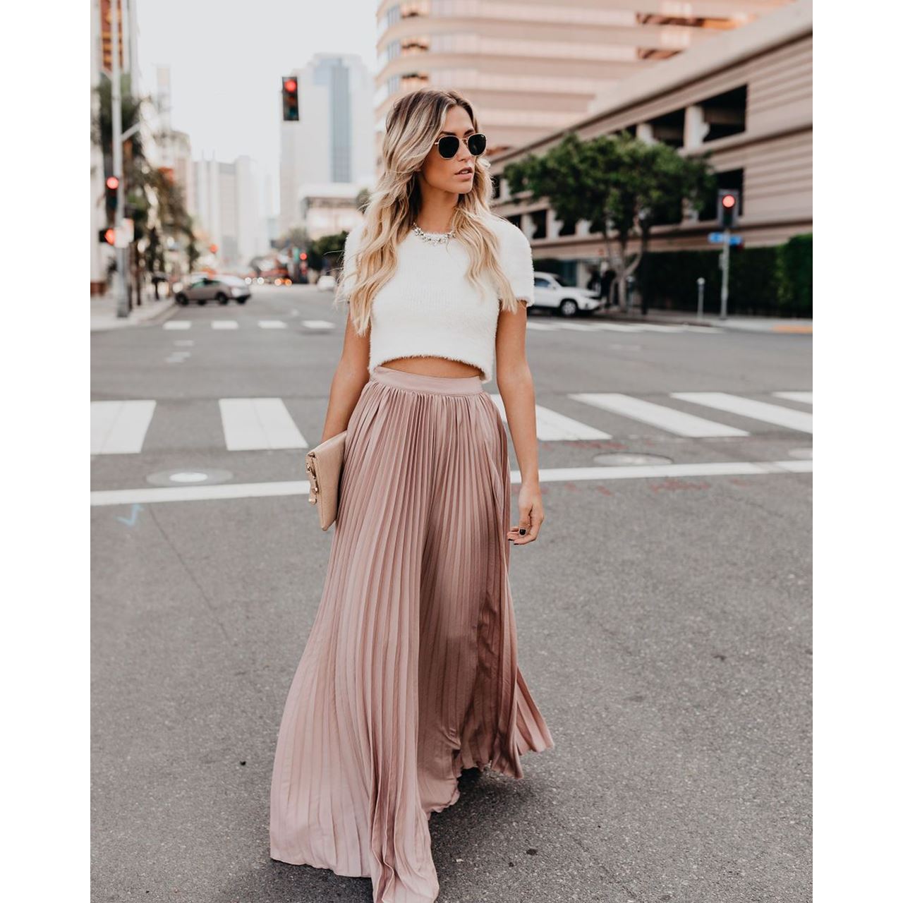 Jupe maxi taille haute pour femme avec plis doux