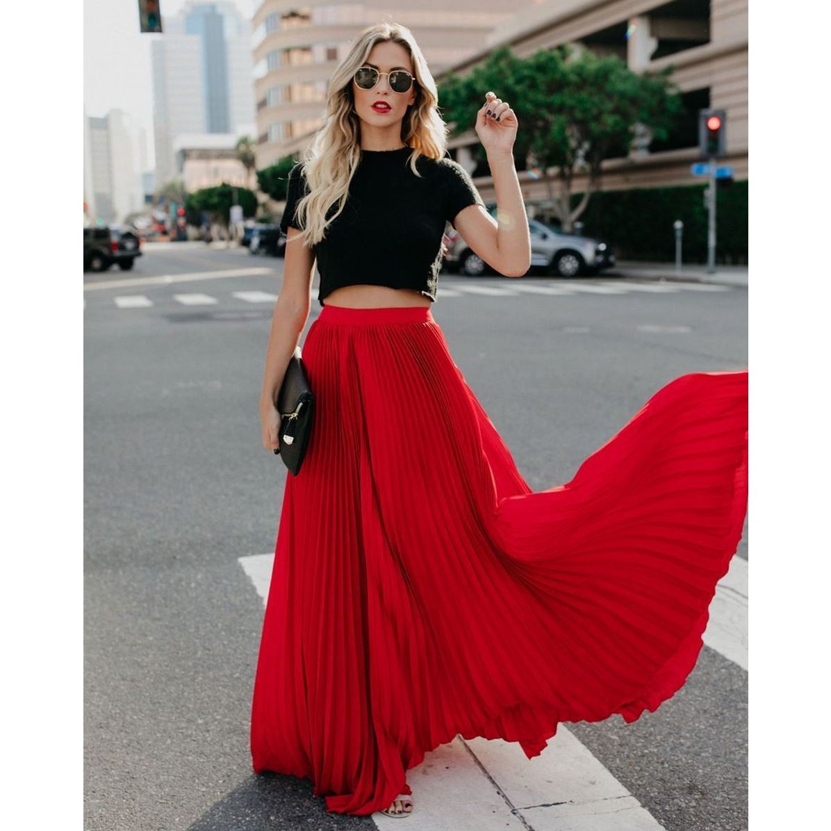 Jupe maxi taille haute pour femme avec plis doux