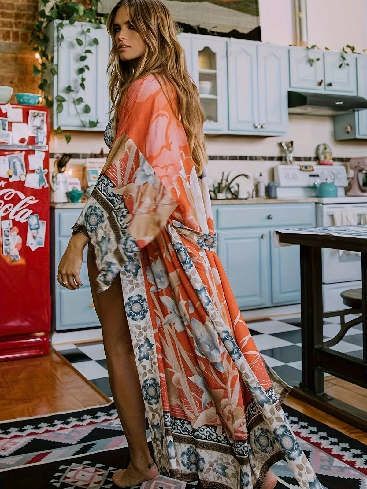 Kimono long à motif floral pour femme