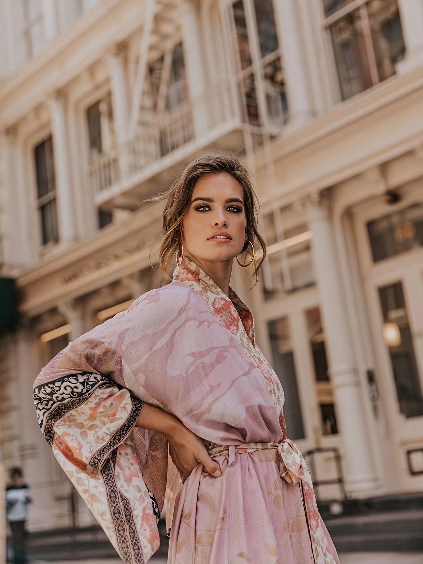 Kimono long à motif floral pour femme