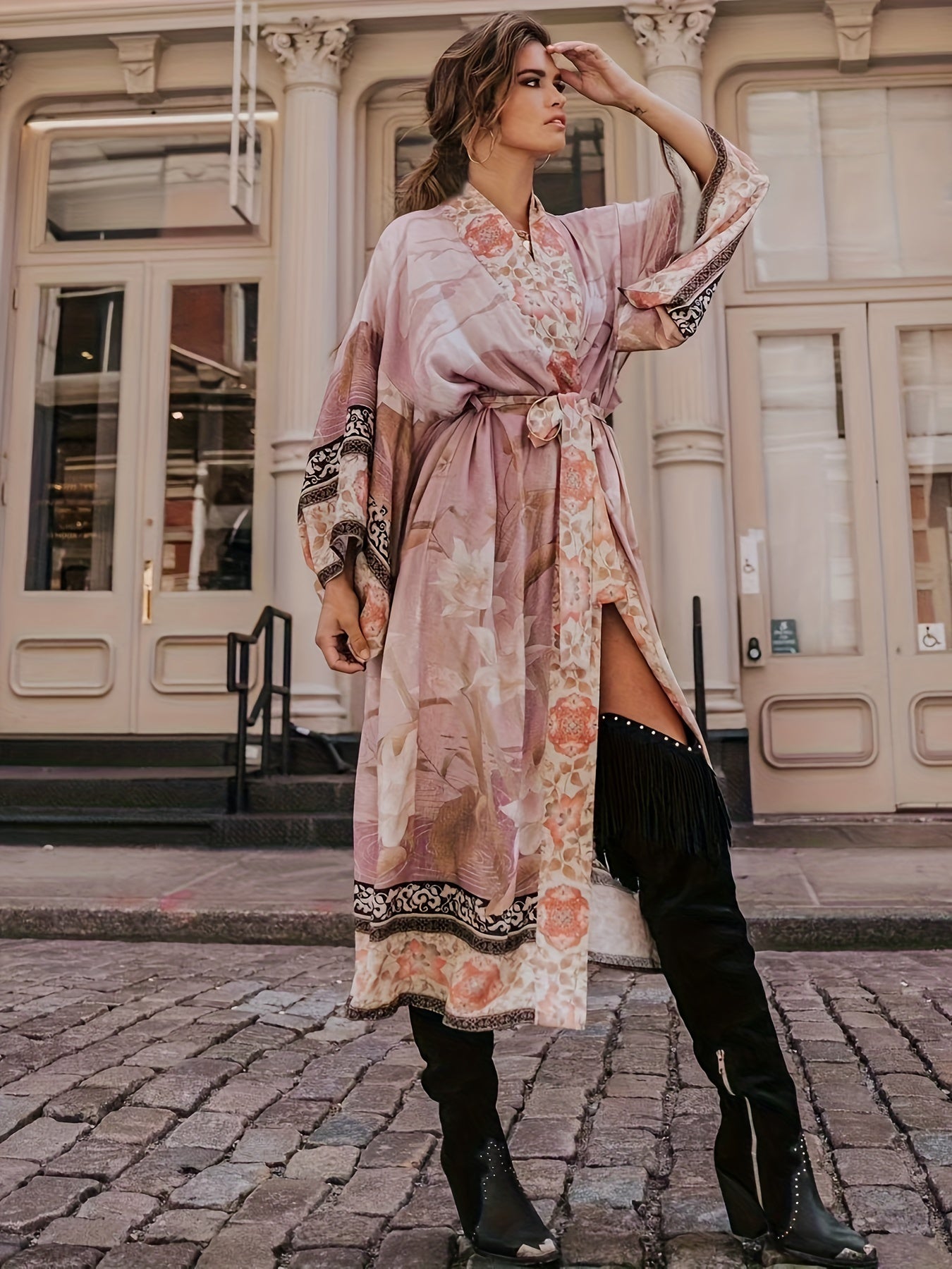 Kimono long à motif floral pour femme
