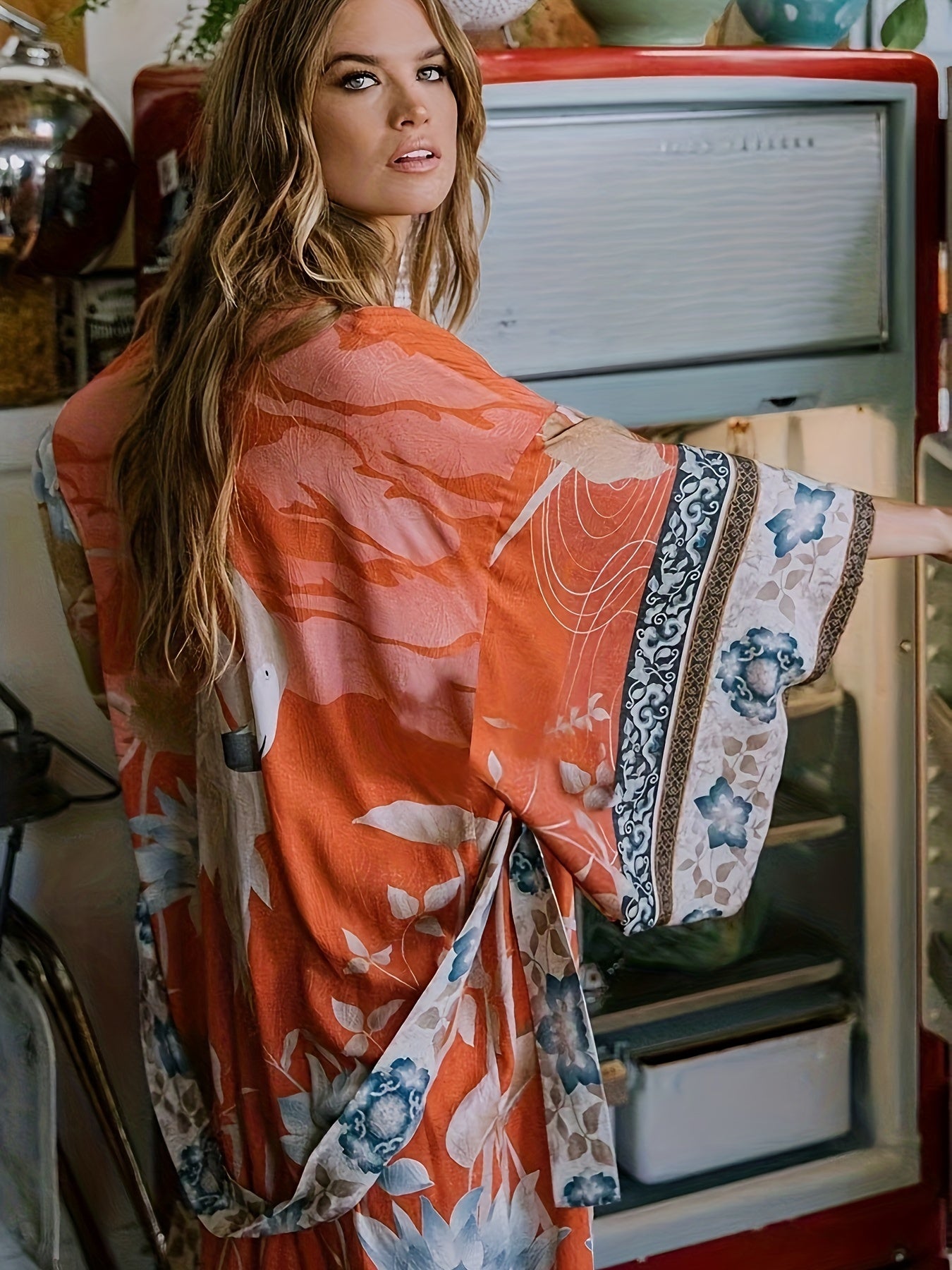Kimono long à motif floral pour femme