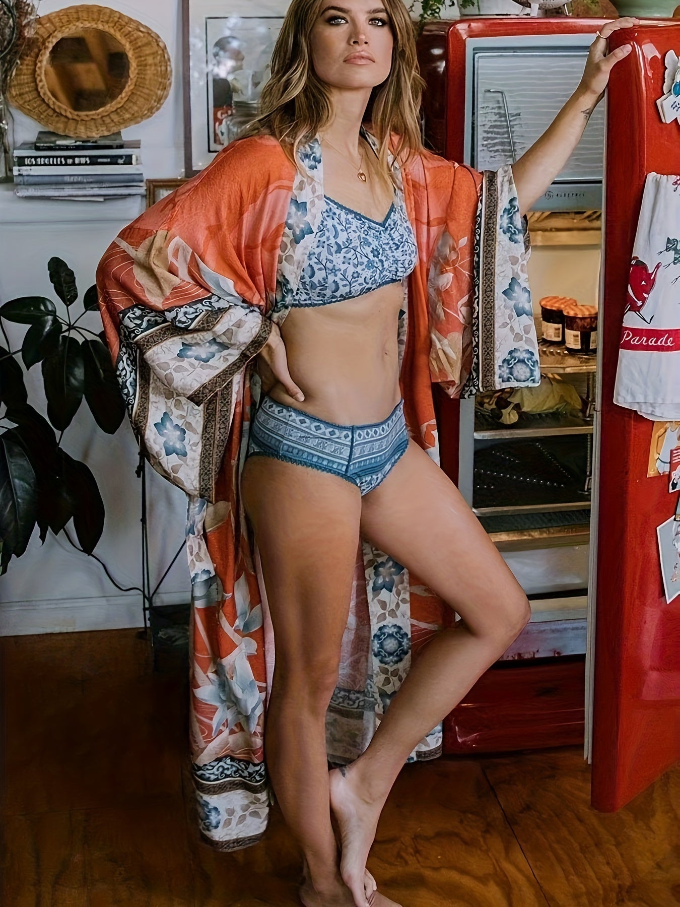 Kimono long à motif floral pour femme