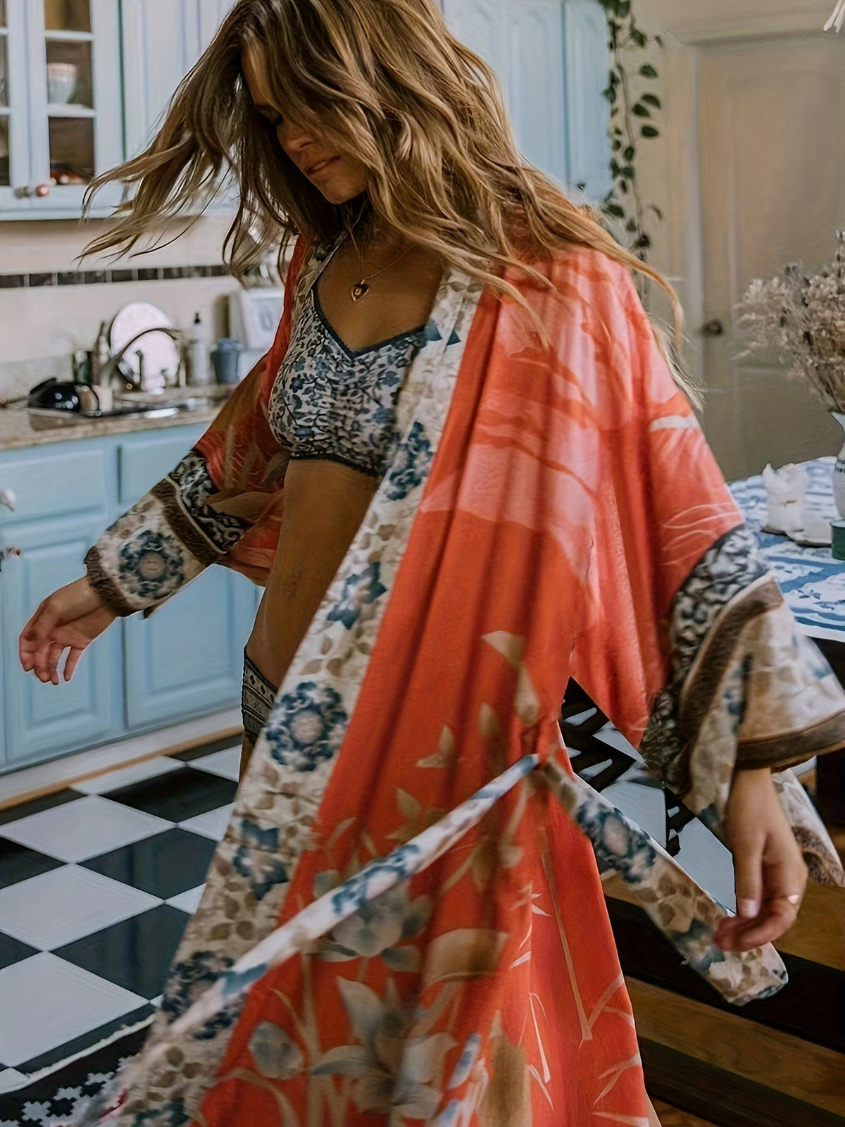 Kimono long à motif floral pour femme