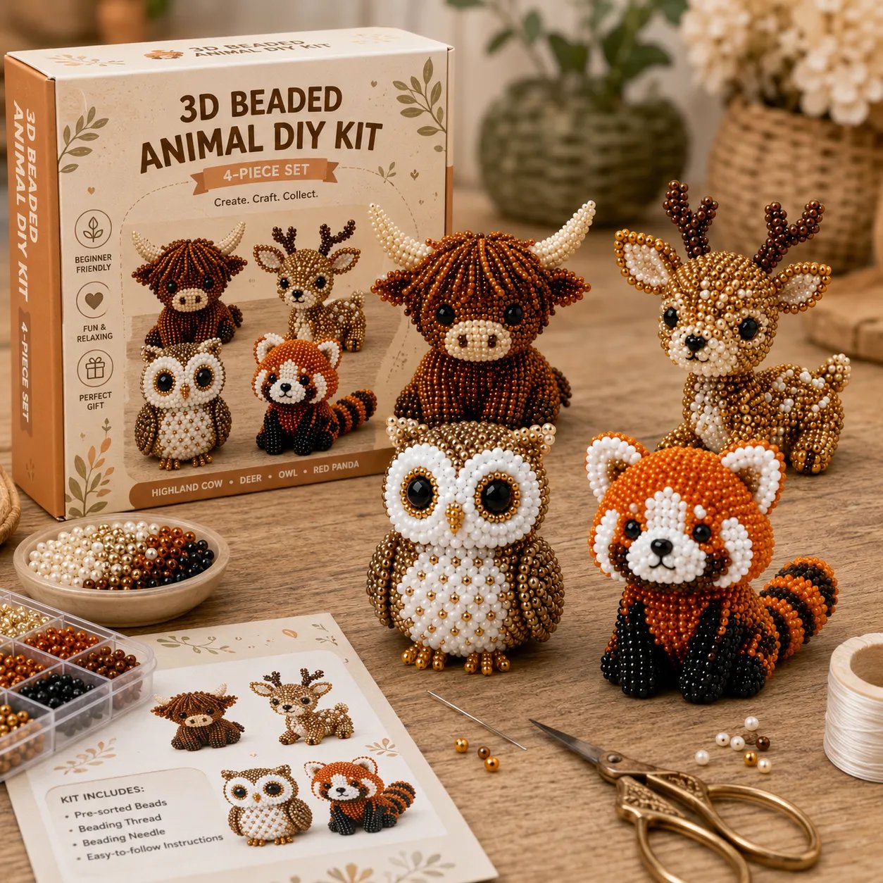 Kit DIY perles 3D: 4 petits animaux
