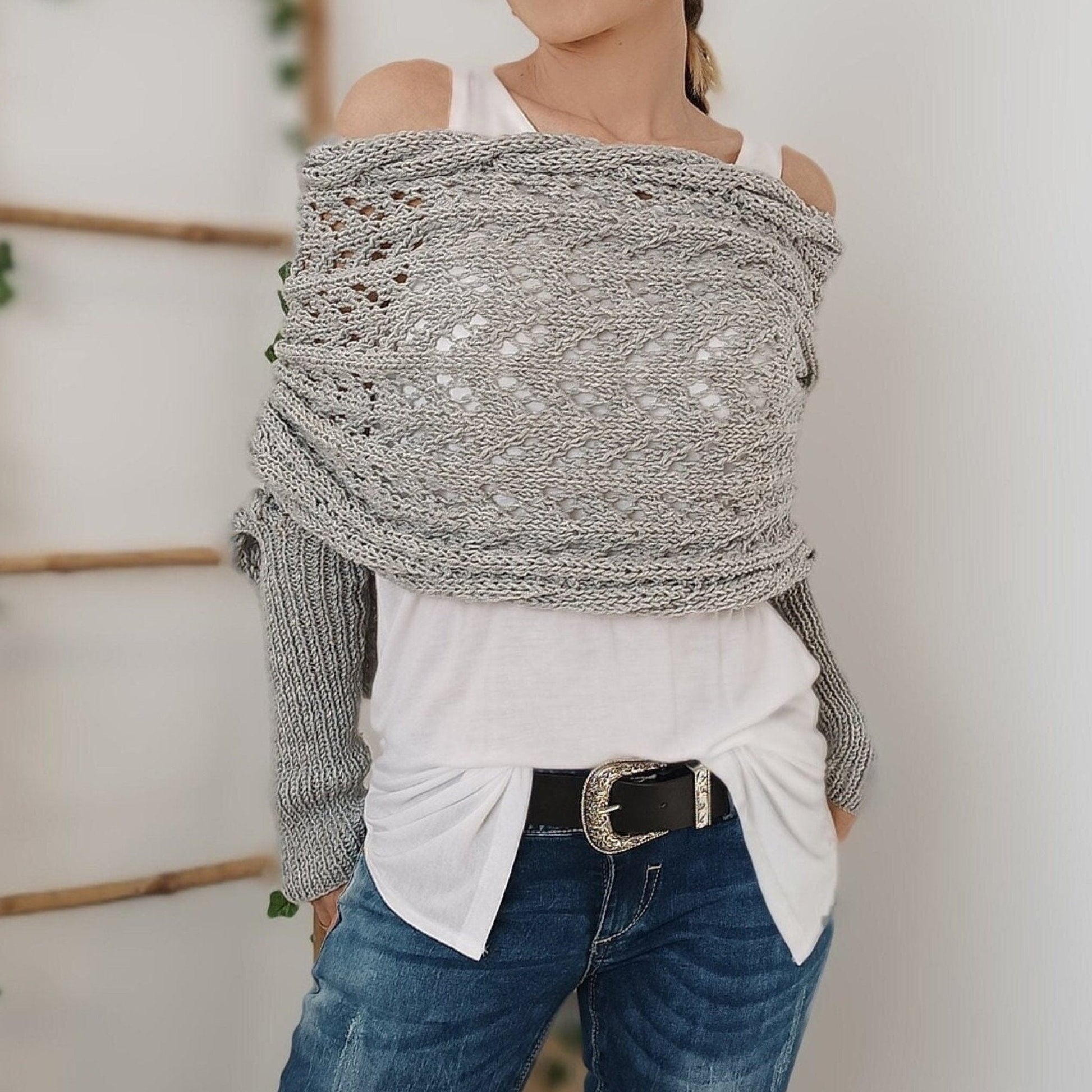 Knitted Cut-Out Shawl Poncho Wrap