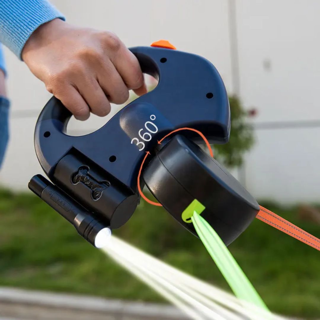 Laisse double pour chien avec lampe torche et distributeur de sacs à déjections
