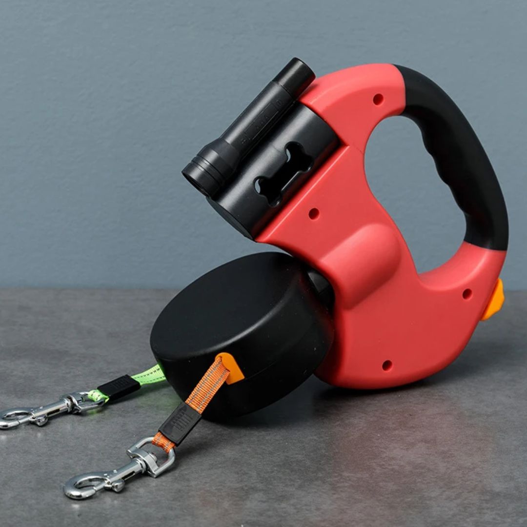 Laisse double pour chien avec lampe torche et distributeur de sacs à déjections