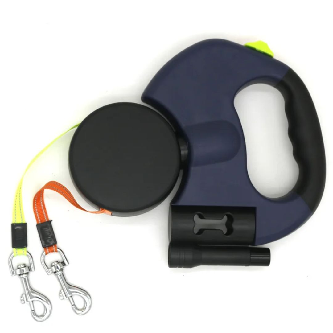 Laisse double pour chien avec lampe torche et distributeur de sacs à déjections
