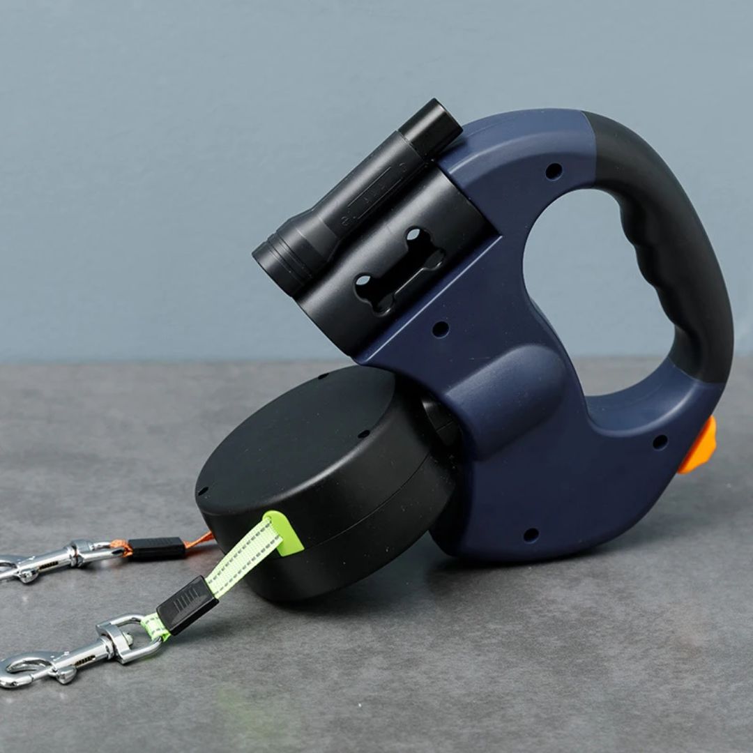 Laisse double pour chien avec lampe torche et distributeur de sacs à déjections