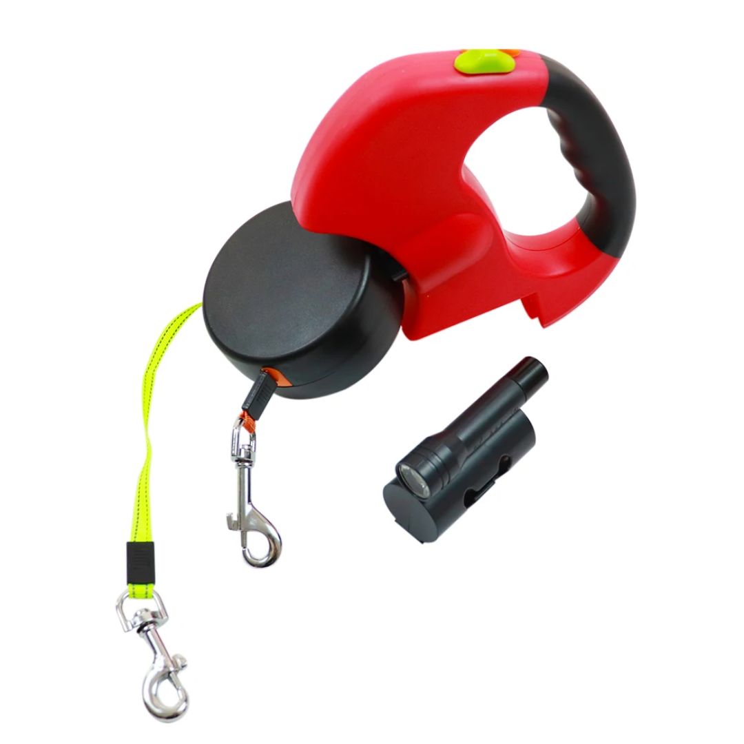 Laisse double pour chien avec lampe torche et distributeur de sacs à déjections