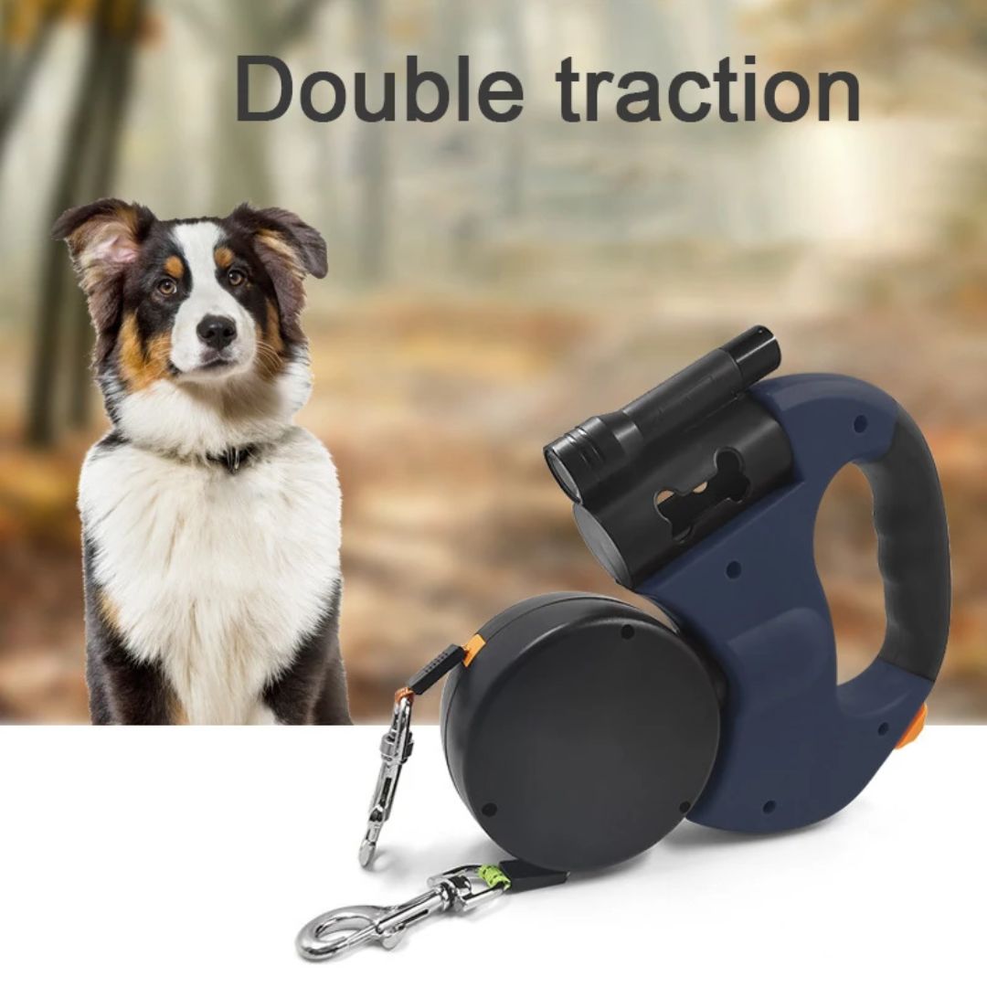 Laisse double pour chien avec lampe torche et distributeur de sacs à déjections
