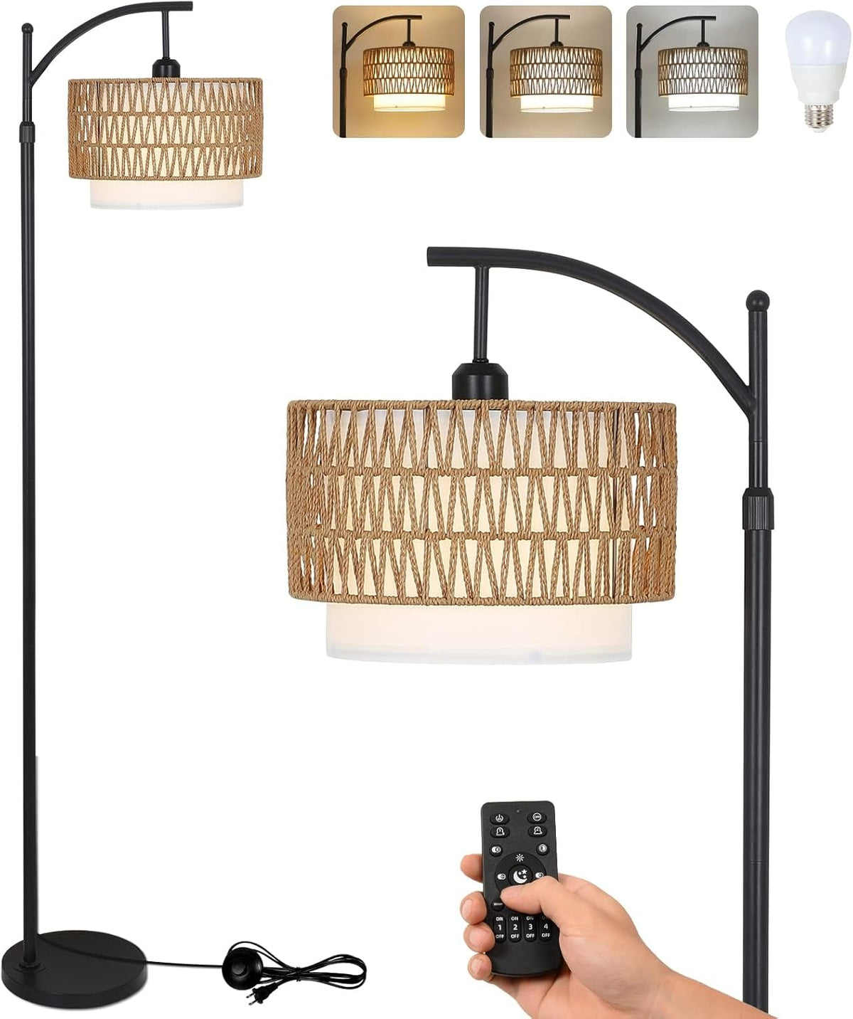 Lampadaire arc avec télécommande et double abat-jour