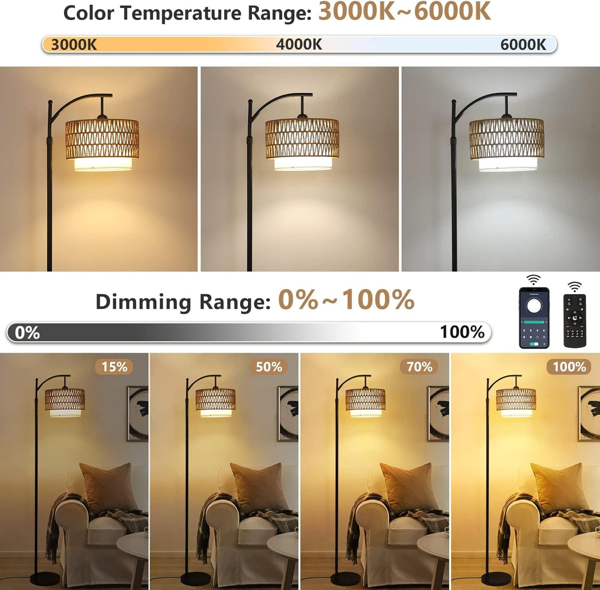Lampadaire arc avec télécommande et double abat-jour