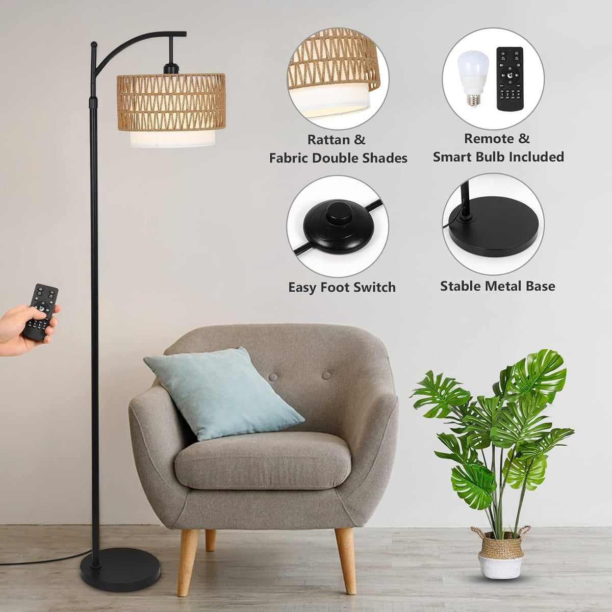 Lampadaire arc avec télécommande et double abat-jour