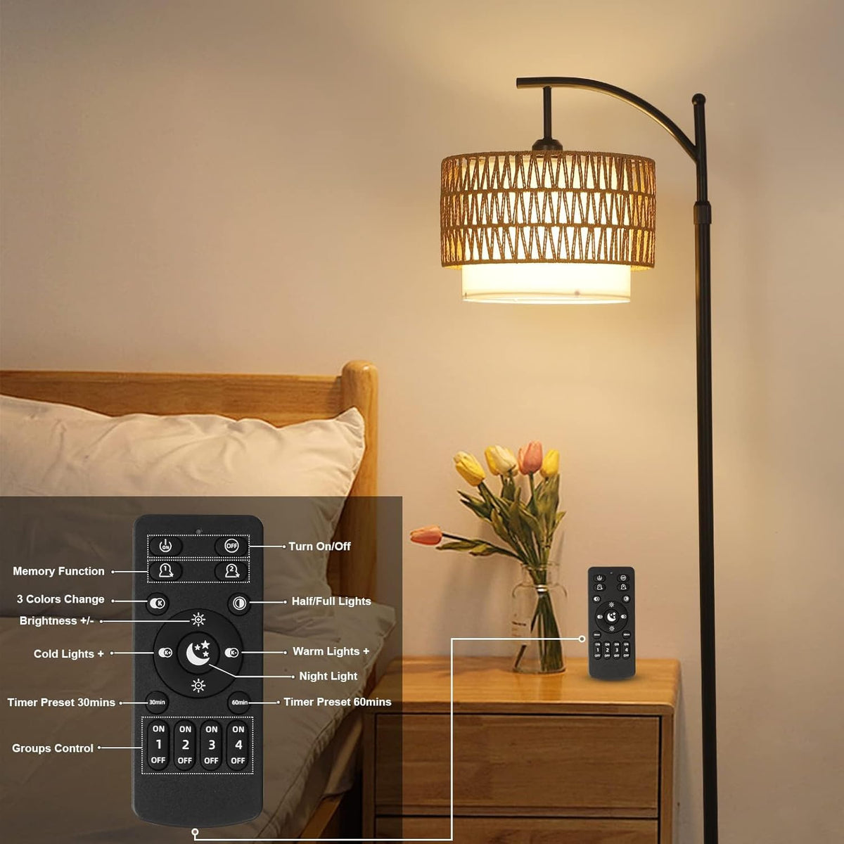 Lampadaire arc avec télécommande et double abat-jour