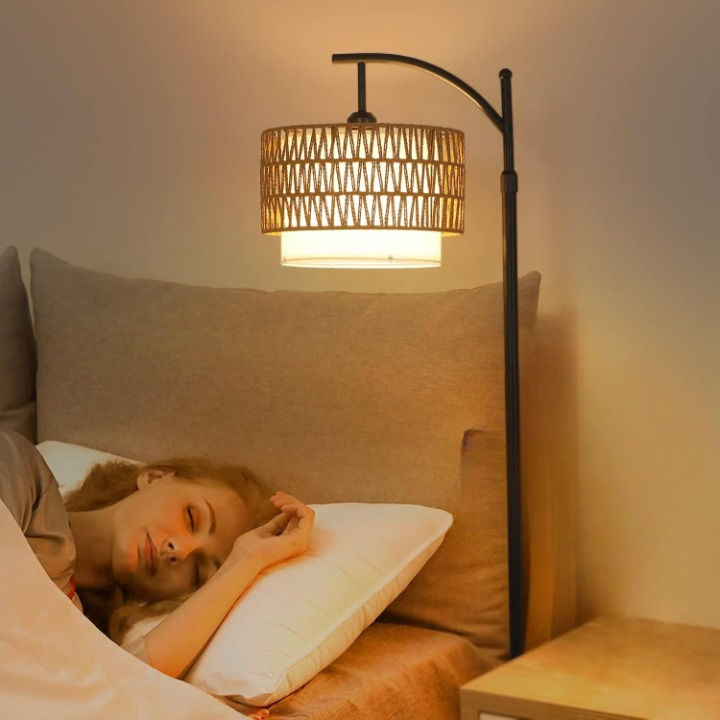 Lampadaire arc avec télécommande et double abat-jour