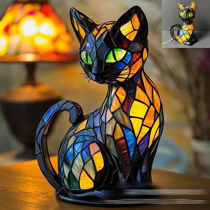 Lampe de table vitrail en forme de chat avec éclairage LED