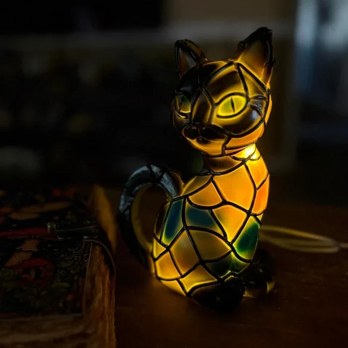 Lampe de table vitrail en forme de chat avec éclairage LED