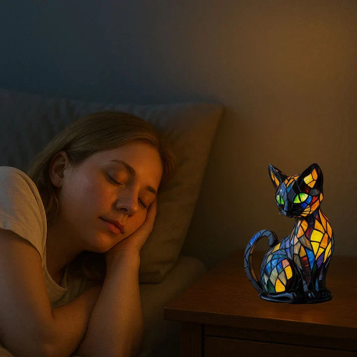Lampe de table vitrail en forme de chat avec éclairage LED