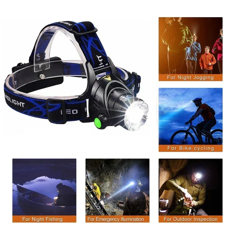 Lampe frontale LED puissante étanche avec zoom et batterie rechargeable pour activités outdoor