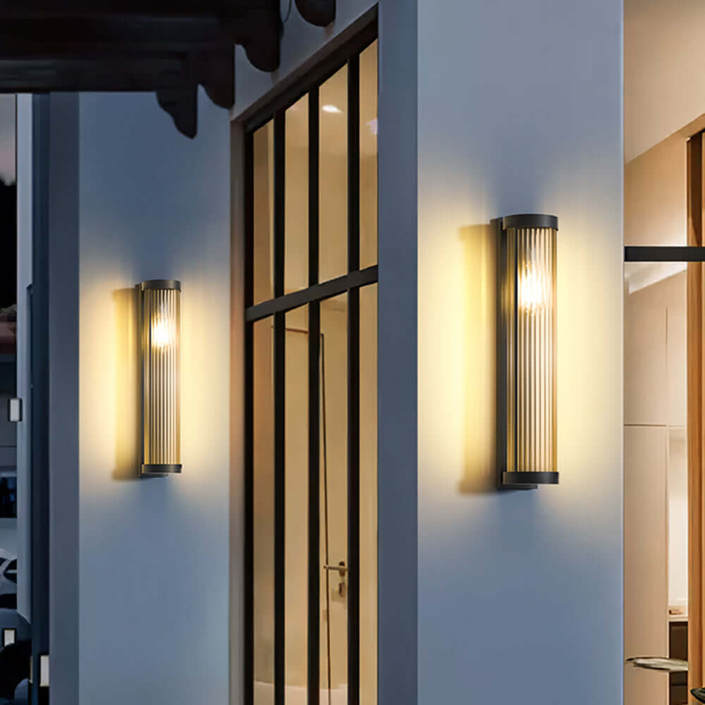 Lampe solaire d'extérieur cylindrique en métal et verre