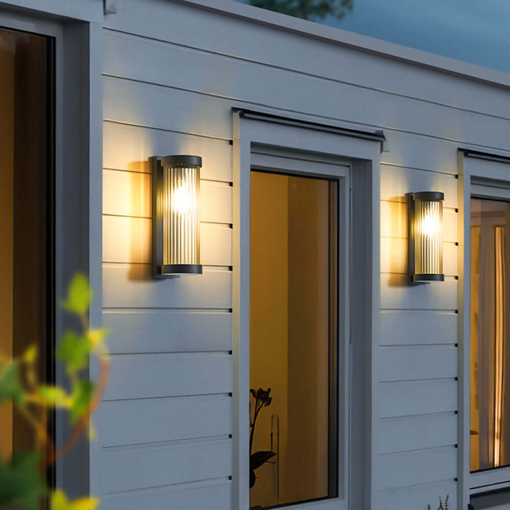 Lampe solaire d'extérieur cylindrique en métal et verre