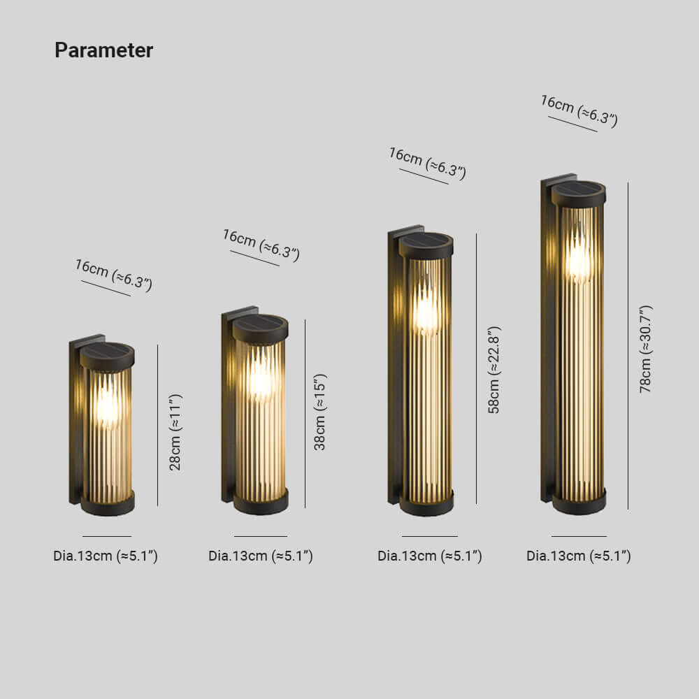 Lampe solaire d'extérieur cylindrique en métal et verre