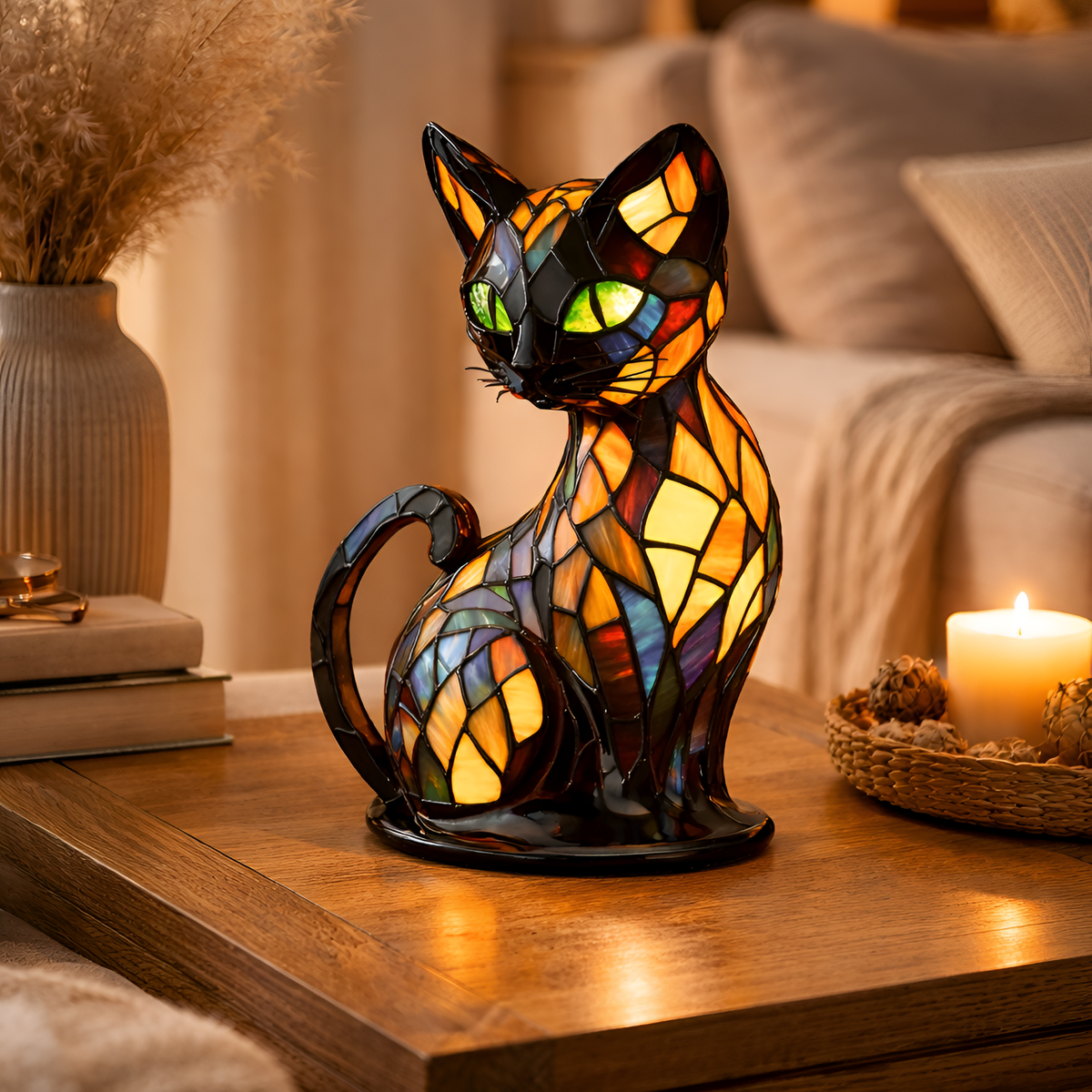 Lampe vitrail en forme de chat