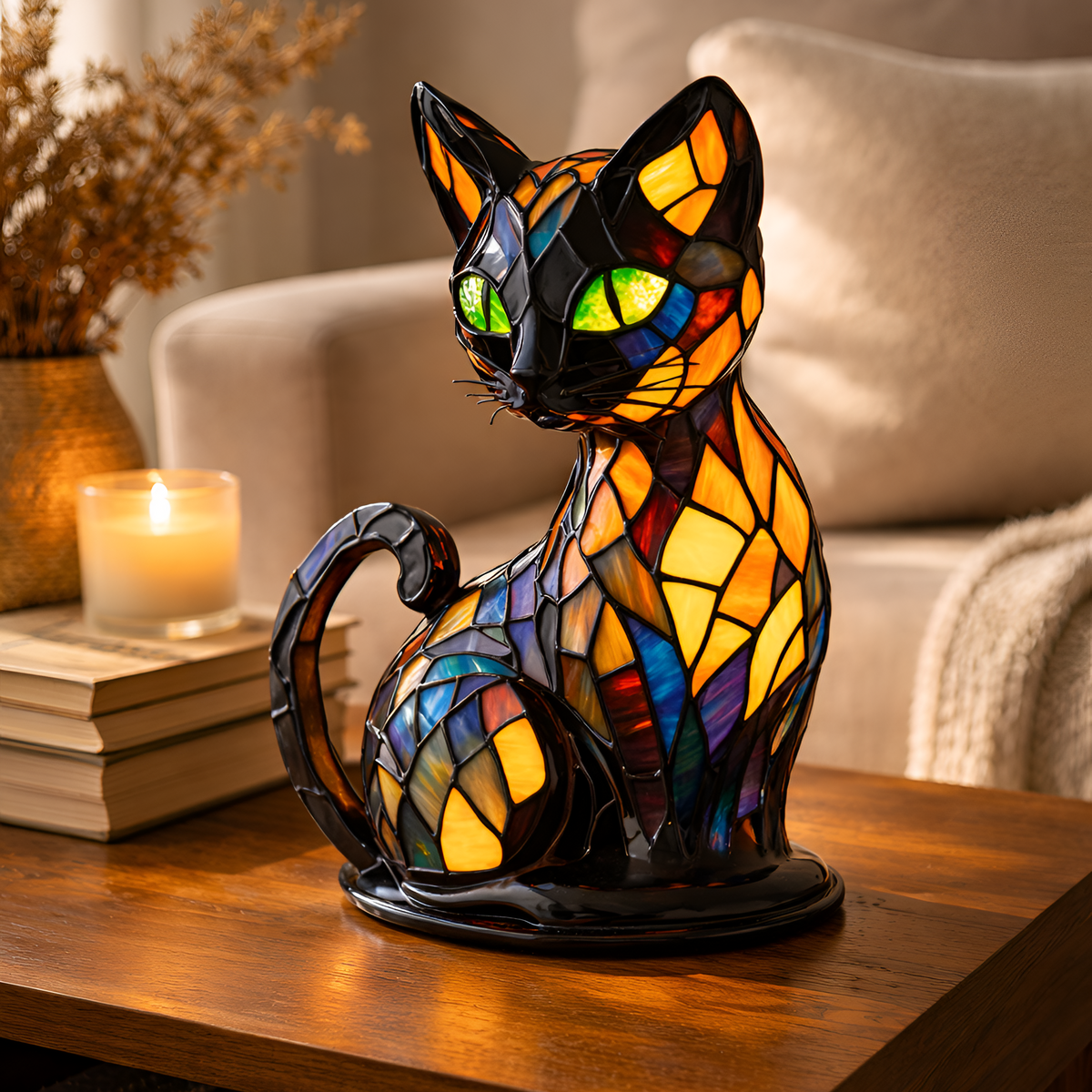Lampe vitrail en forme de chat