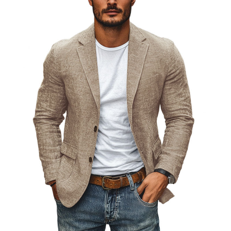 Linen Blazer Men's Slim-fit with Scalloped Lapel - Lightweight Cotton and Linen Blazer for Autumn
