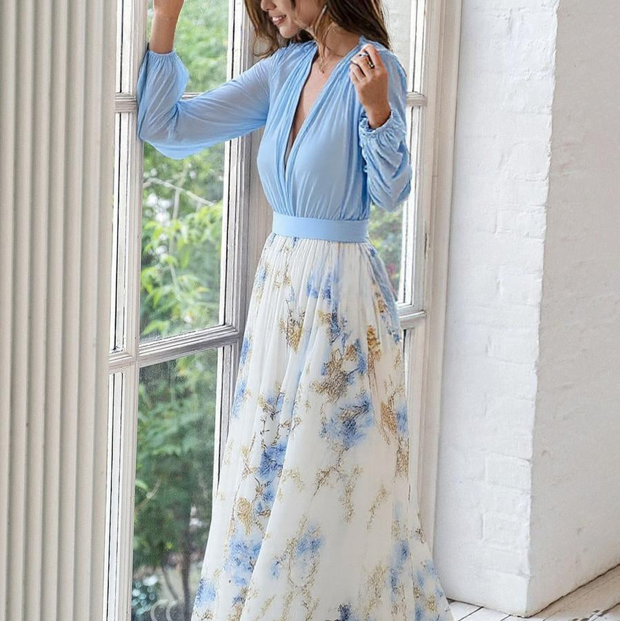Long Floral Dress for Women with Deep V-Neck