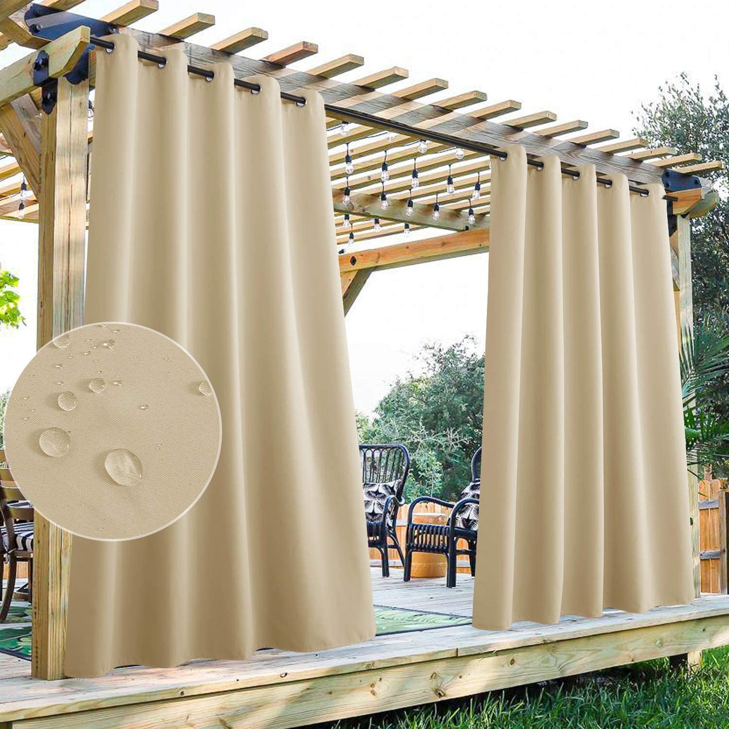 Lot de 2 rideaux d'extérieur imperméables pour terrasse avec œillets, coupe-vent et brise-vue