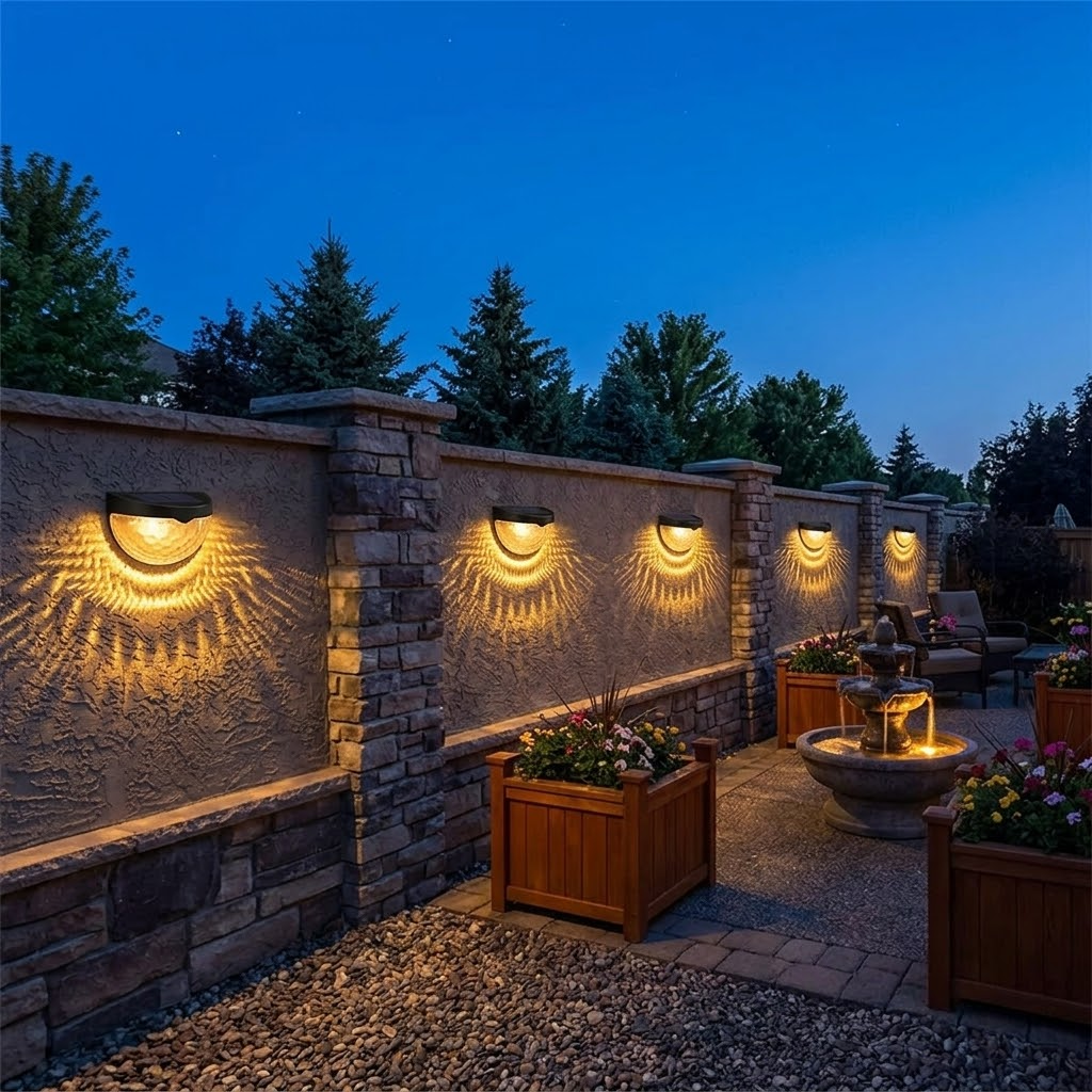 Luminaires solaires décoratifs pour clôture, lumière chaude, forme éventail/ondulée, lot de 6
