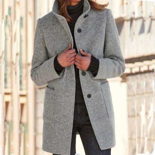 Manteau d'hiver élégant en laine pour femme avec fermeture à boutons