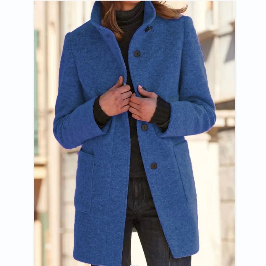 Manteau d'hiver élégant en laine pour femme avec fermeture à boutons