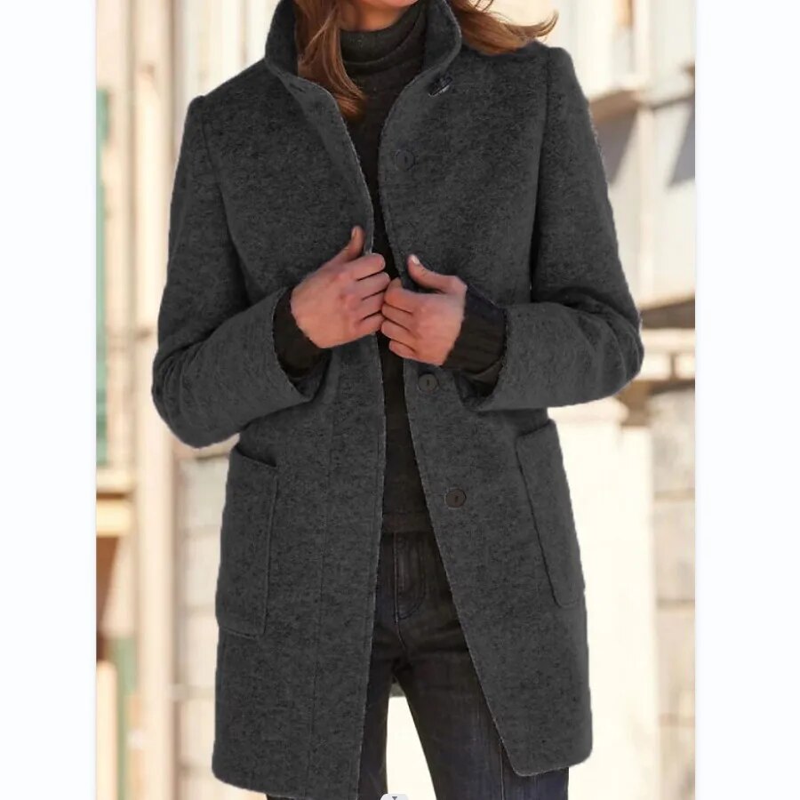 Manteau d'hiver élégant en laine pour femme avec fermeture à boutons