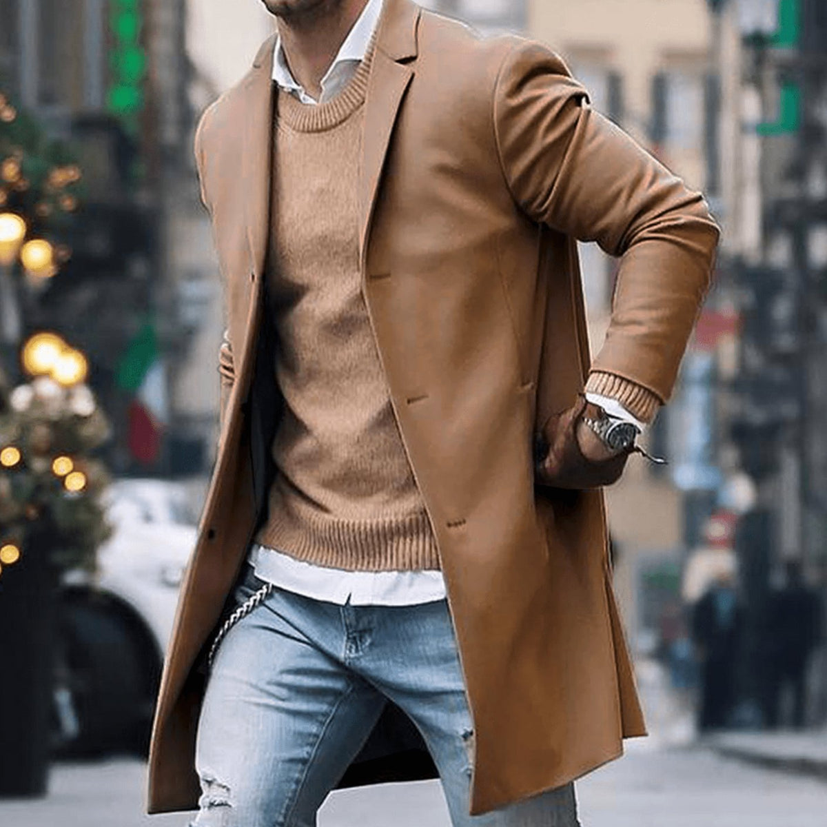 Manteau long ajusté style urbain à revers cranté pour homme