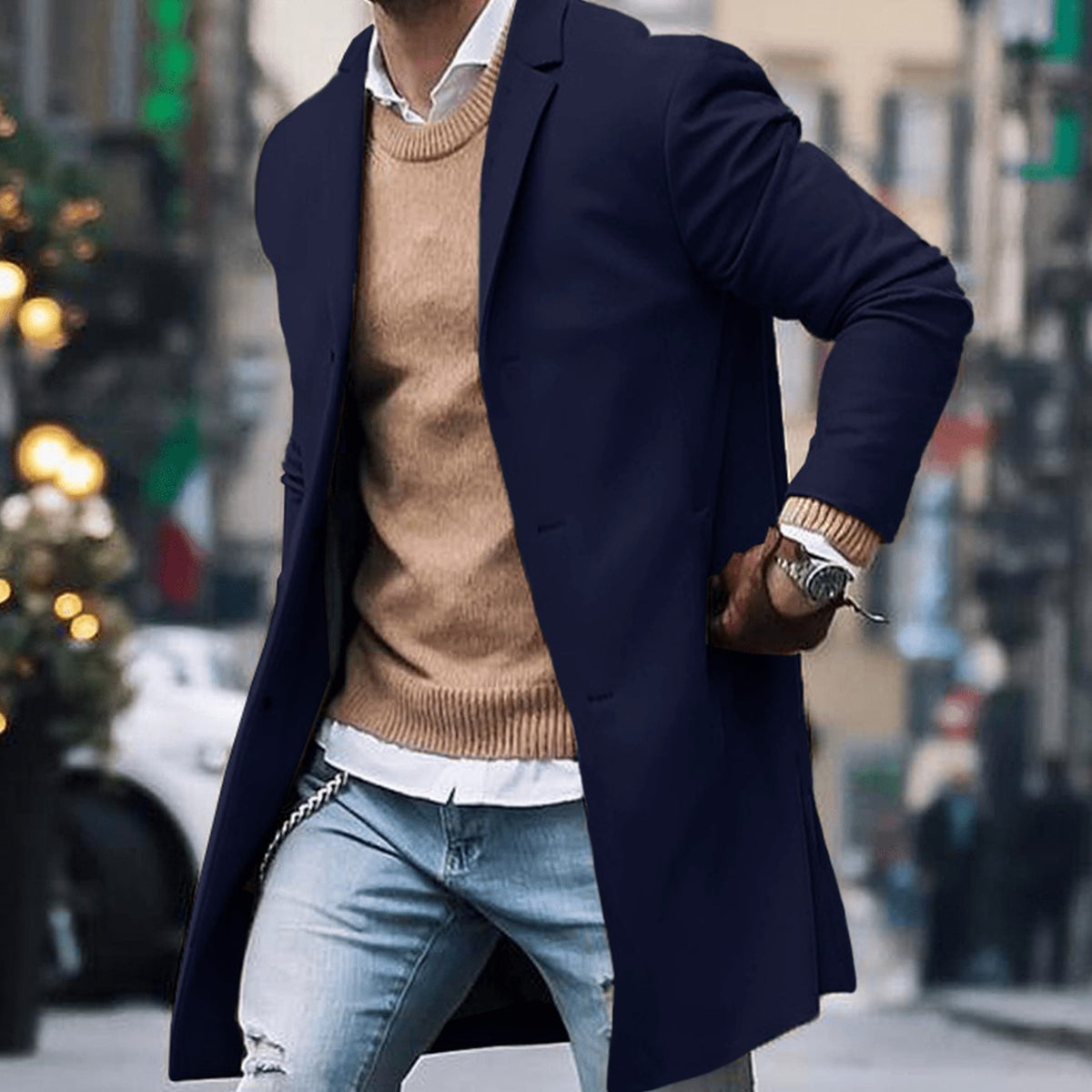 Manteau long ajusté style urbain à revers cranté pour homme
