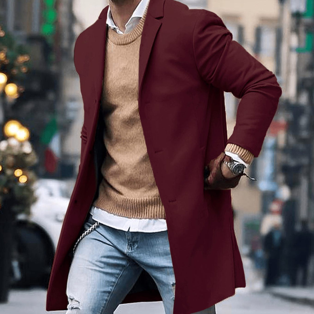Manteau long ajusté style urbain à revers cranté pour homme