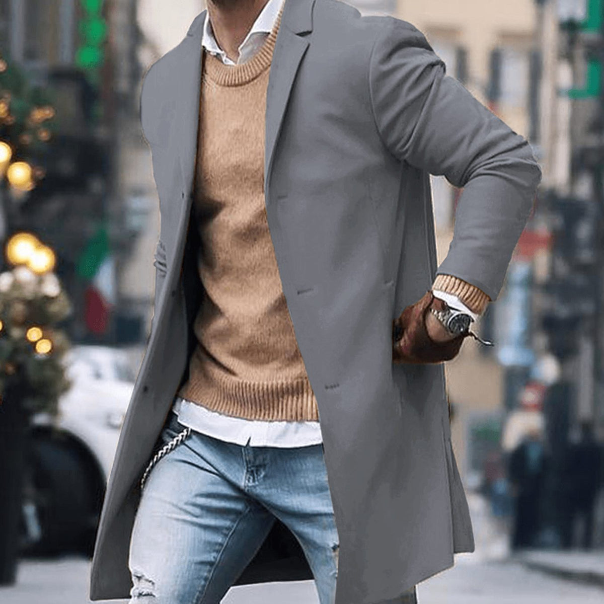 Manteau long ajusté style urbain à revers cranté pour homme