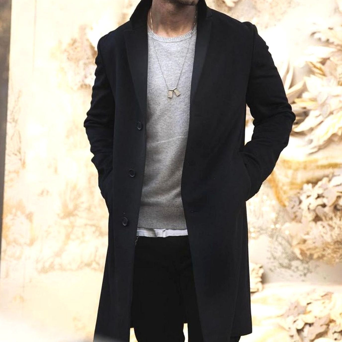 Manteau long ajusté style urbain à revers cranté pour homme