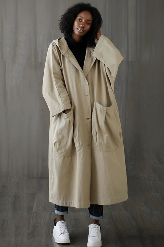 Manteau long imperméable à capuche, fermeture éclair et poches
